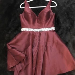 Formal Dress Satin Bridesmaid A Line Sleeveless Burgundy Embellished Waist V